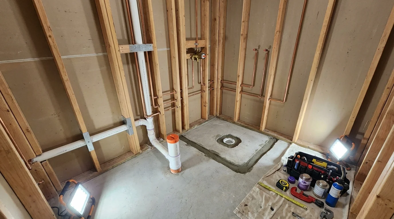 Bathroom rough-in plumbing during remodel by Johns Plumbing LLC in Woodland Hills
