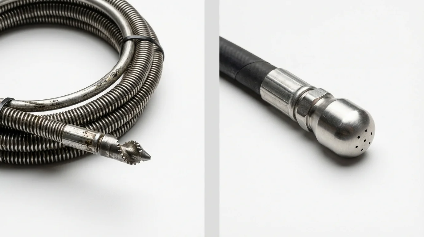 Drain snake cable and hydro jetting nozzle used for drain cleaning in Woodland Hills, CA