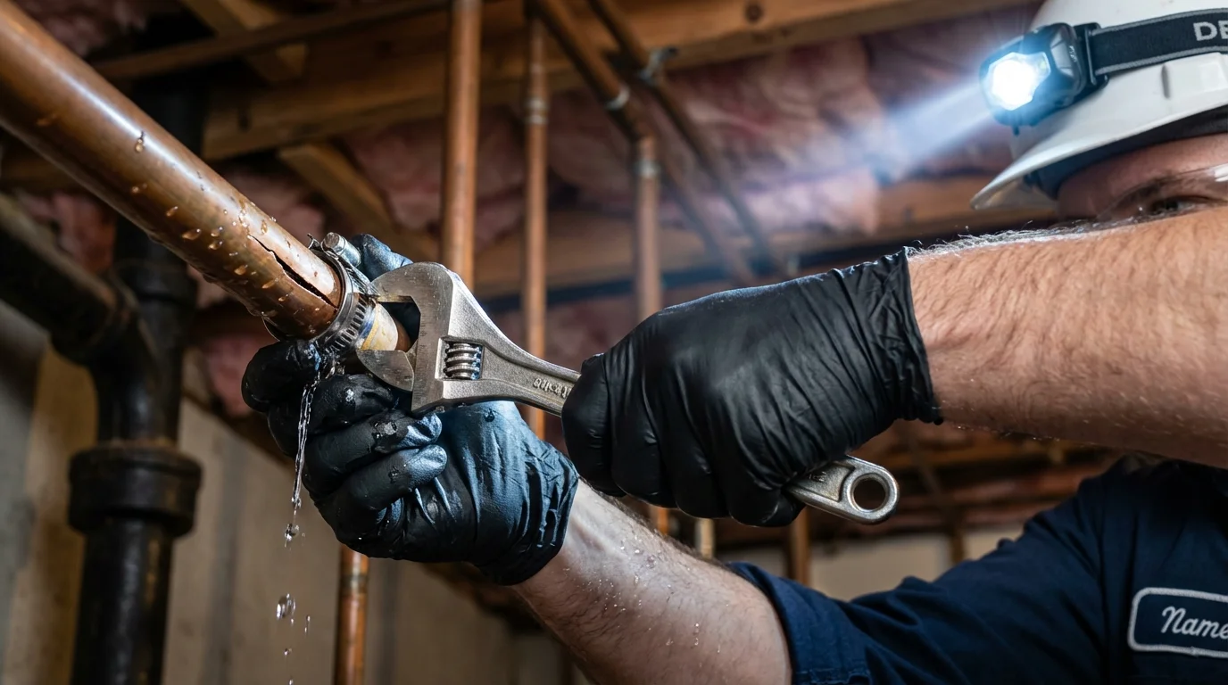 Emergency pipe clamp repair being performed by a Johns Plumbing LLC plumber in Woodland Hills