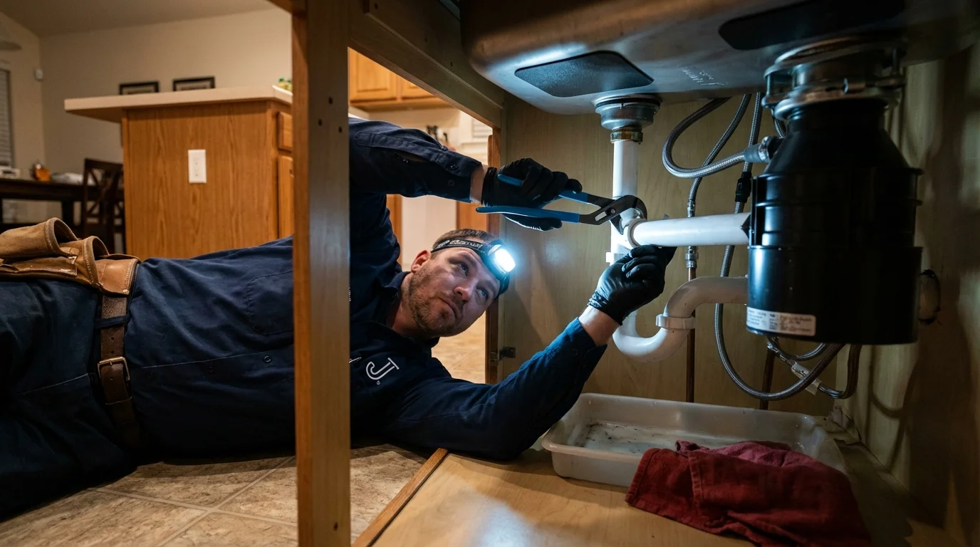 P-trap and supply line connections under a kitchen sink showing a common leak point in Woodland Hills, CA